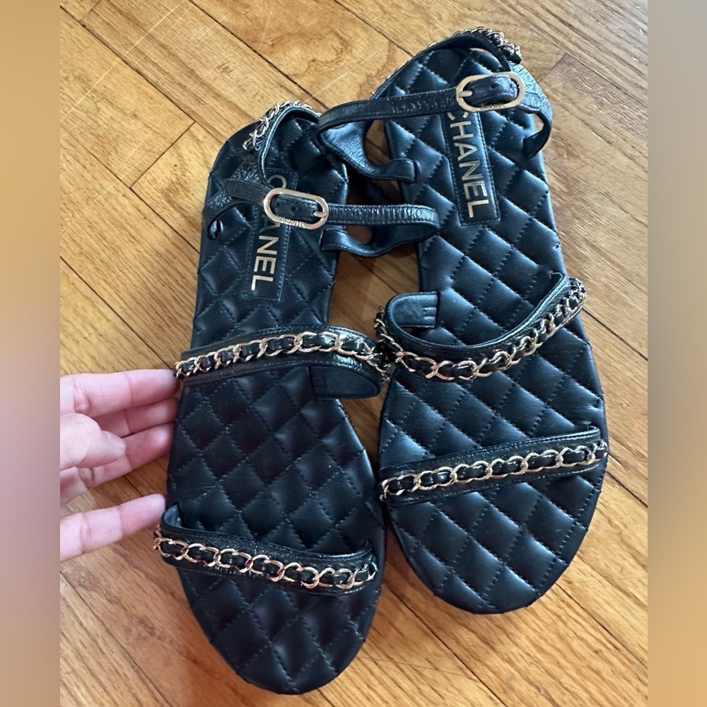 Chanel Black Quilted Chain Sandals